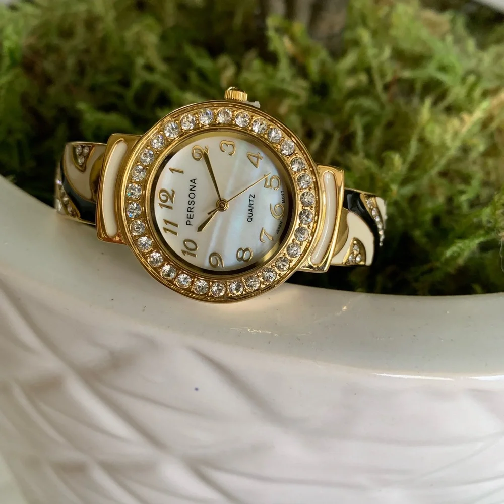 NEW Persona Black White Enamel Rhinestones Mother Of Pearl Face Ladies Watch - Picture 1 of 3